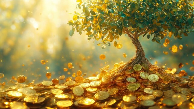 Golden tree of wealth with falling coins symbolizing financial growth and prosperity
