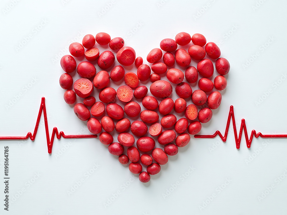Poster my heart beats for you against a simple yet elegant white canvas dotted with tiny red potato shapes.