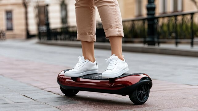 Riding a hoverboard along a city street on a sunny day while wearing casual outfit and white sneakers