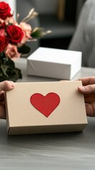 Obraz premium Gift box with heart symbol being handed over in a warm and inviting setting with flowers in the background