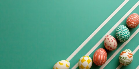 Easter eggs in a row on a green background with white diagonal lines featuring vibrant patterns and ample copy space for festive messages