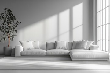 Minimalist living room interior featuring white sectional sofa and plant with natural light streaming in