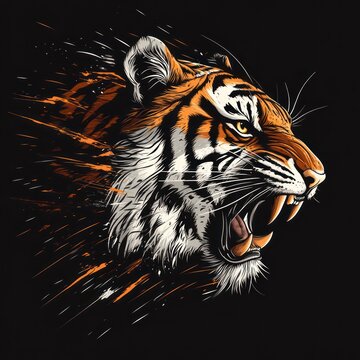 Roaring tiger head, dark background, digital art, t-shirt design