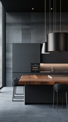 Contemporary kitchen design showcasing sleek lines and minimalist aesthetic with an elegant wooden countertop and black fixtures in a spacious setting