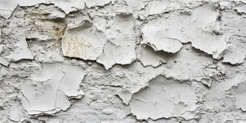 Fototapeta premium Textured close-up of weathered white peeling paint on an old wall showcasing layers of cracked surfaces with a rustic appearance