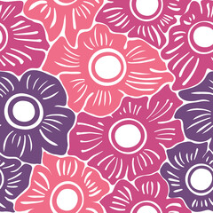 Seamless pattern with pink and purple flowers.
