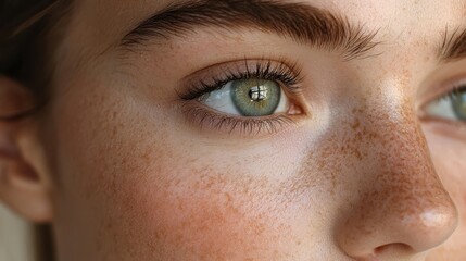 Fototapeta premium close up of woman face showcasing glowing skin, freckles, and captivating green eyes. reflection in her eye adds depth and intrigue to image