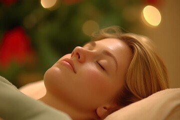 Fototapeta premium Peaceful slumber young woman resting Christmas tree lights bokeh in background dream state relaxation