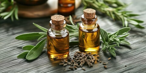 Two glass bottles with cork stoppers filled with essential oils on a rustic wooden surface surrounded by fresh herbs and spices.
