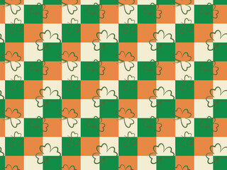 Irish tricolour checkered seamless pattern. Tree leaves clover line traditional symbol of good luck, fortune. St. Patricks spring Celtic culture celebration. Cute vector illustration background