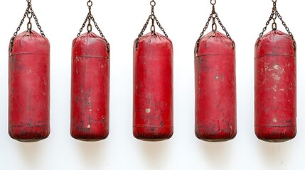  A line of five vintage red punching bags hanging against a white background. The bags appear weathered and well-used, with visible signs of wear and tear.