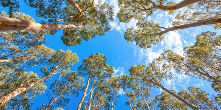 Tall eucalyptus trees stretch upward with lush green foliage against a vibrant blue sky adorned with fluffy white clouds creating a serene atmosphere.