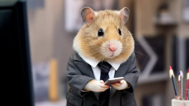 Hardworking hamster in business suit at work in the office with its mobile