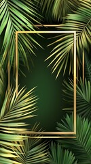 Fototapeta premium Natural Realistic Golden Palm Leaf Tropical Background with frame, vertical
