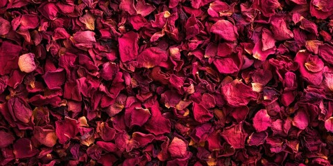 Vibrant deep red dried rose petals densely packed on a dark background offering ample empty space for design use in herbal remedies and potpourri. - obrazy, fototapety, plakaty