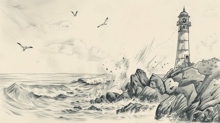 A serene lighthouse scene with crashing waves and birds, capturing coastal beauty.