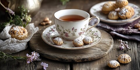 Elegant bone china tea cup with floral design on rustic wooden surface alongside sweets and vintage utensils featuring earthy tones and natural textures
