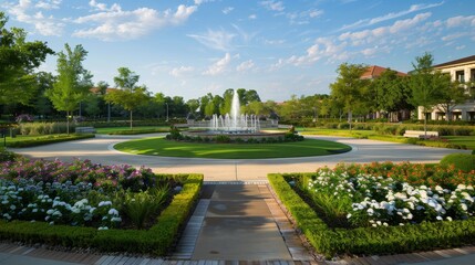 A serene landscaped garden featuring a fountain, vibrant flowers, and green lawns under a clear sky.