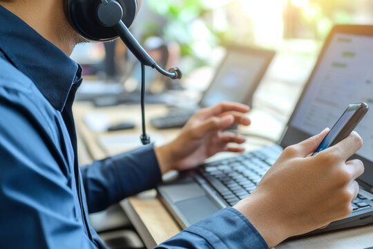 Contact us or Customer support hotline people connect. Businessman using a mobile phone, Generative AI