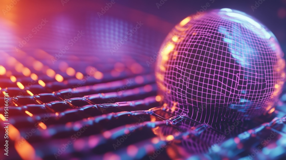 Poster futuristic abstract sphere on a glowing mesh grid with vibrant neon lights - perfect for tech and di