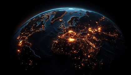 A stunning view of Earth at night, showcasing illuminated cities and regions, highlighting human presence and activity across the globe.
