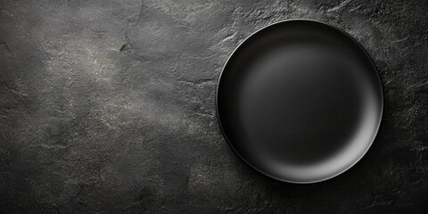 Black plate centered on dark textured stone surface with ample negative space for text or design elements ideal for food or restaurant themes