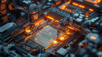Fototapeta premium Advanced Robotics Manipulating Circuit Board with Glowing Elements