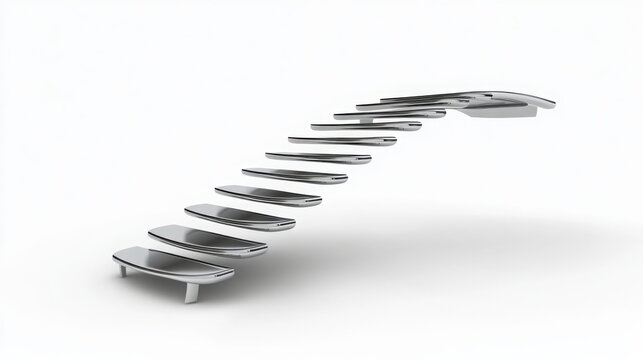 A sleek 3D ladder with curved edges and a chrome finish, transparent background