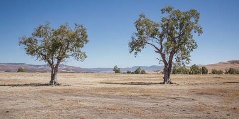 Obraz premium Two drought-stricken trees stand in a dry landscape under a clear blue sky with a distant mountain range and barren ground surrounding them.