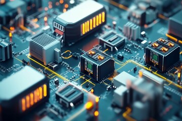Circuit board components, glowing connections, technological detail.