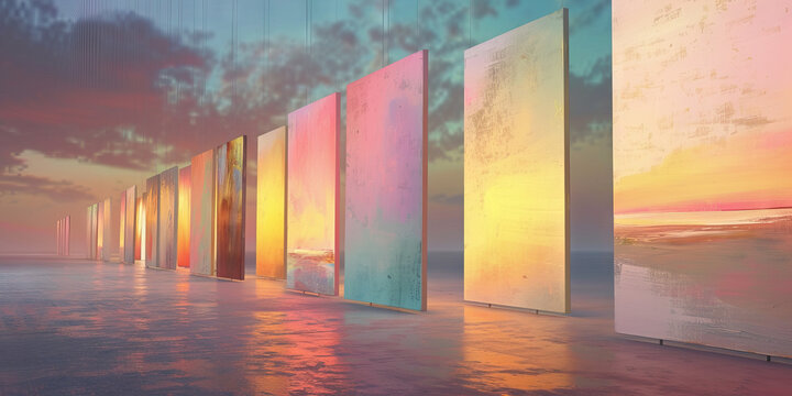 Series of Abstract Sunset Paintings on Display