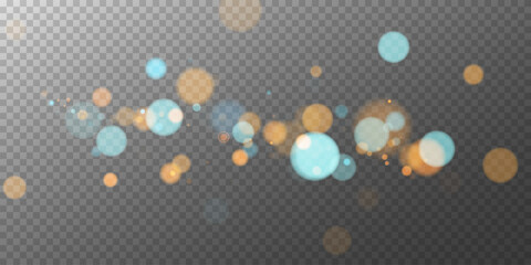 A mesmerizing composition of ethereal blue and golden bokeh lights shimmering on a dark transparent background, evoking a sense of magic, elegance, and festive wonder—perfect for creative projects.	