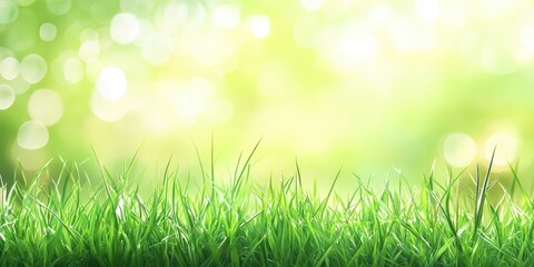 Obraz premium Vibrant fresh green grass in the foreground with a soft focus light bokeh background in hues of green and yellow creating a serene natural ambiance.
