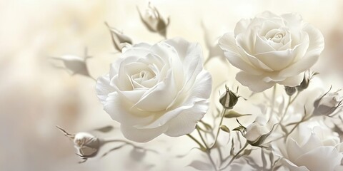 Delicate white roses elegantly arranged against a soft neutral background with subtle hints of green highlighting the floral composition