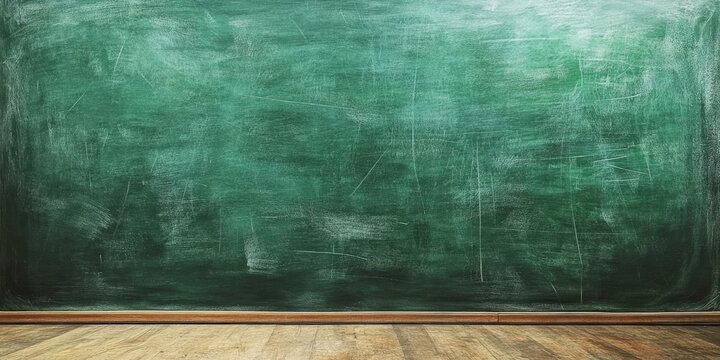 Empty green chalkboard with a textured surface and wooden floor below, providing ample space for text, featuring dark green hues and a rustic feel.