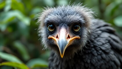Young Grey Eagle Portrait: Intense Gaze, Lush Foliage