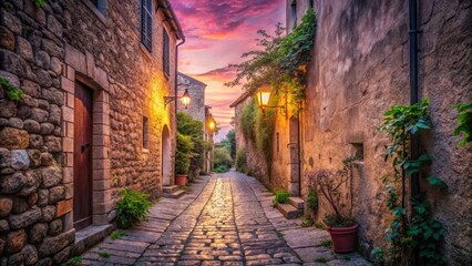 Obraz premium Soft pink light creeps over ancient stone walls, illuminating worn mortar and weathered tiles in a serene dawn setting at a beautiful alleyway , atmosphere, natural