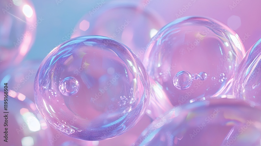 Fototapete a modern pink and blue abstract composition featuring glossy transparent soap bubbles, gently shimme