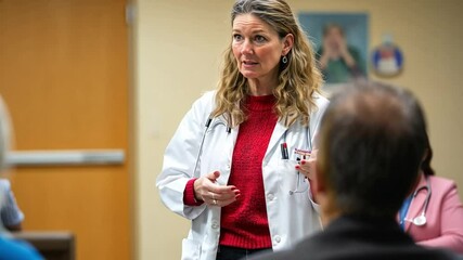 A woman nurse leads a class on mental health resources, offering support to people of all ages