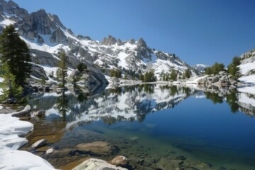 Fototapeta premium A serene mountain landscape with a clear lake reflecting snow-capped peaks and lush greenery.