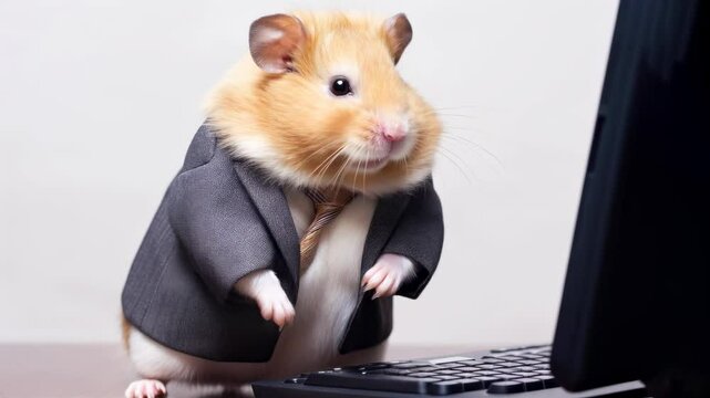 Funny hamster wearing suit and tie working on its laptop in office