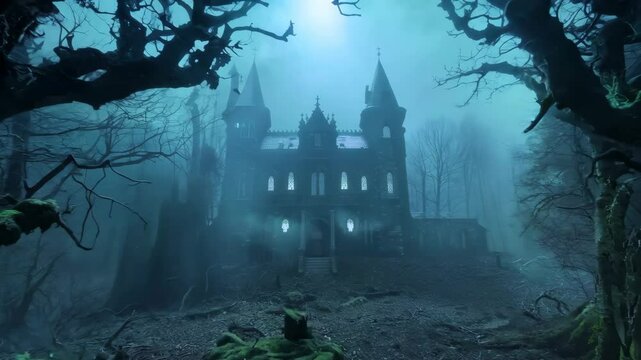 Eerie dark forest with twisted trees framing a haunted mansion in the background