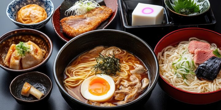 Variety of Japanese noodle dishes featuring kishimen in black bowl, garnished with green onions, alongside side dishes on elegant dark table setting