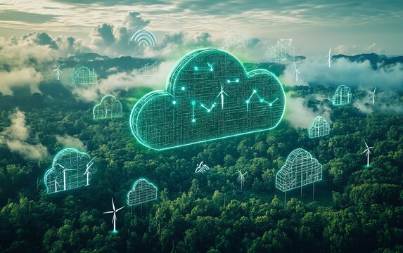 Natureinspired AI cloud with renewable energy symbols, promoting technological innovation for sustainable climate adaptation, environmental sustainability theme