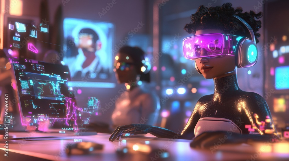 Poster Exploring virtual environments with digital avatars in a vibrant workspace during late night hours. Generative AI