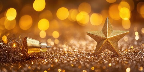Golden festive background with shiny stars and a decorative gold Christmas ornament on sparkling glitter, warm tones and soft bokeh effect