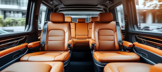 Luxury Family Van Interior with Spacious Leather Seating and City View, Comfort on Wheels