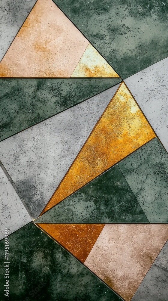 Poster triangular shapes in pastel olive green, gold, and subtle textures interlock to form a captivating d