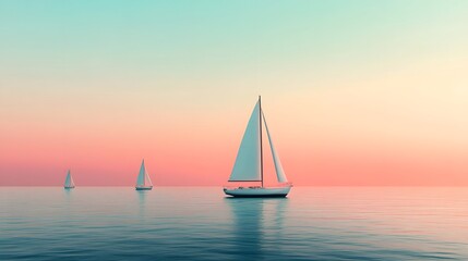 Fototapeta premium Serene Sailboat Drifting on a Pastel Oceanic Backdrop - 3D