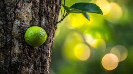 Single lime growing on tree trunk.